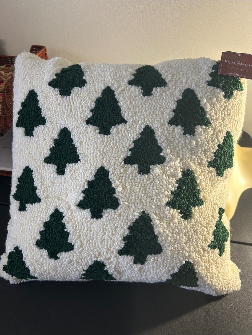 Cream Throw Pillow with Green Tree Motif - Holiday Accent